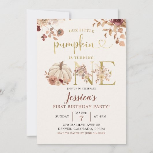 Boho Autumn Pumpkin Floral First Birthday Invite Kaart (Voorkant)