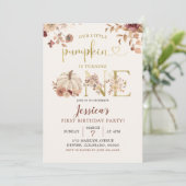 Boho Autumn Pumpkin Floral First Birthday Invite Kaart (Staand voorkant)