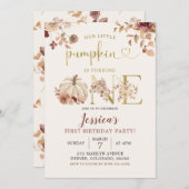 Boho Autumn Pumpkin Floral First Birthday Invite Kaart (Voorkant / Achterkant)