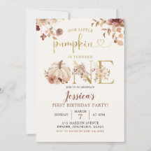 Boho Autumn Pumpkin Floral First Birthday Invite