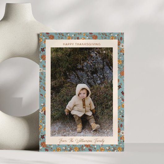 Boho Autumn Rustic Blue Floral Photo Thanksgiving Feestdagenkaart