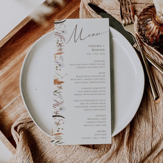 Boho Autumn Wildflower | Beige bruiloft diner menu