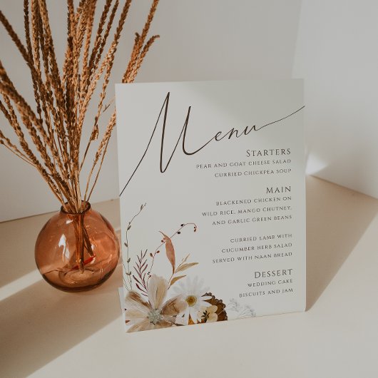 Boho Autumn Wildflower | Beige bruiloft Menu Reclamebord Met Voetstuk