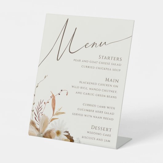 Boho Autumn Wildflower | Beige bruiloft Menu Reclamebord Met Voetstuk (Voorkant)