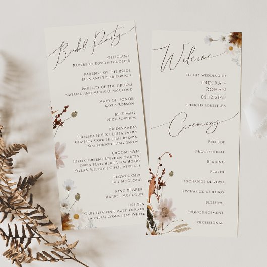 Boho Autumn Wildflower | Beige bruiloft programma Programmakaart