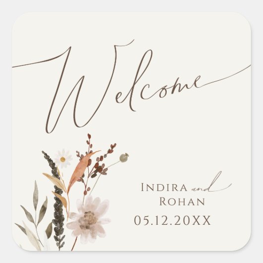 Boho Autumn Wildflower | Beige bruiloft Welkom Vierkante Sticker (Voorkant)