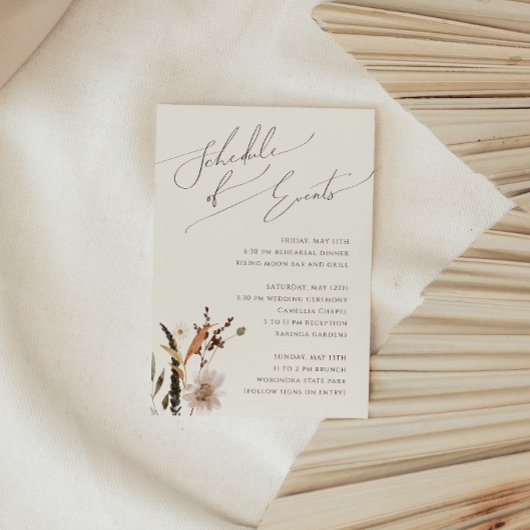 Boho Autumn Wildflower | Beige Evenementenschema Informatiekaartje