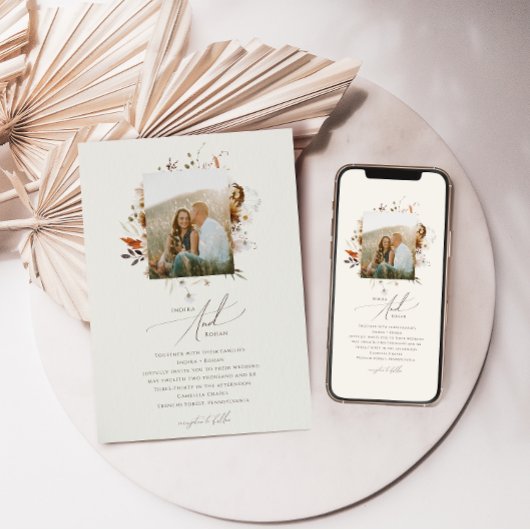 Boho Autumn Wildflower | Beige foto bruiloft Kaart