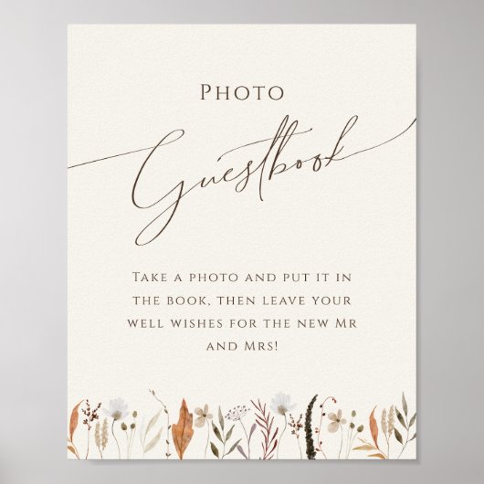 Boho Autumn Wildflower Beige Foto Gastenboek teken Poster (Voorkant)