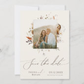 Boho Autumn Wildflower | Beige Foto Lijst QR Code Save The Date (Voorkant)