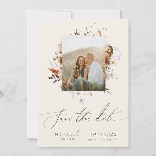 Boho Autumn Wildflower | Beige Foto Lijst QR Code Save The Date (Voorkant)