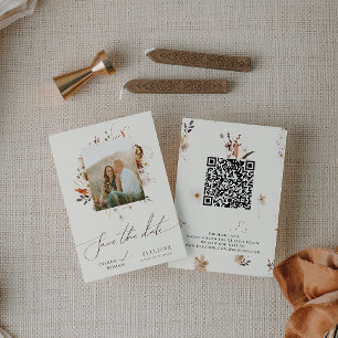 Boho Autumn Wildflower Beige Foto Lijst QR Code Save The Date