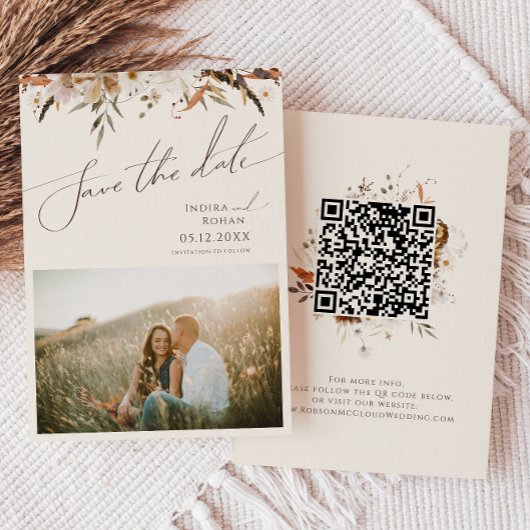 Boho Autumn Wildflower | Beige foto QR-code Save The Date