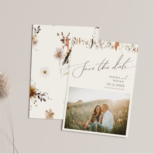 Boho Autumn Wildflower | Beige foto Sla de datum o Save The Date