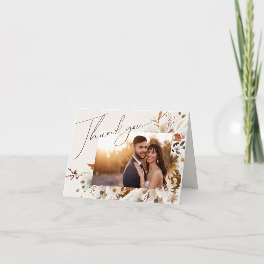 Boho Autumn Wildflower | Beige gevouwen foto Bedankkaart (Voorkant)