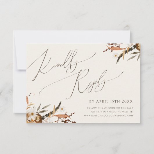 Boho Autumn Wildflower | Beige horizontale QR-code RSVP Kaartje (Voorkant)
