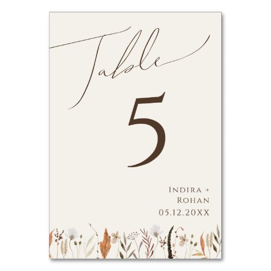 Boho Autumn Wildflower | Beige-tabelnummer Kaart (Achterkant)