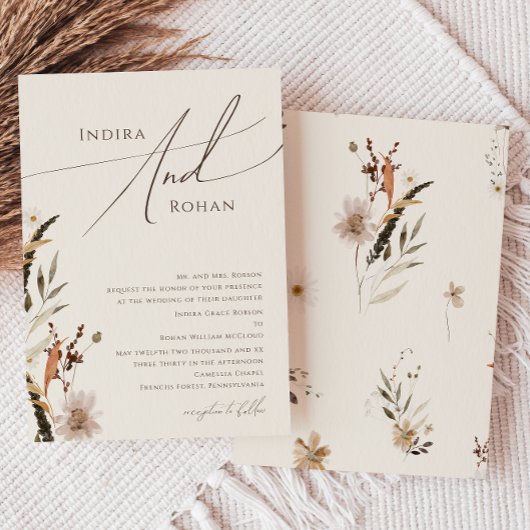 Boho Autumn Wildflower | Beige traditionele bruilo Kaart