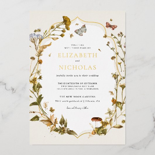 Boho Autumn Wildflower | Botanische bruiloft Folie Uitnodiging (Voorkant)