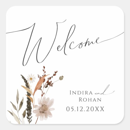 Boho Autumn Wildflower | Bruiloft Welkom Vierkante Sticker (Voorkant)