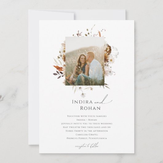 Boho Autumn Wildflower | Foto Lijst bruiloft Kaart (Voorkant)