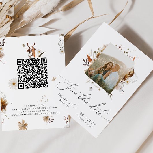 Boho Autumn Wildflower | Foto Lijst QR-code Save The Date
