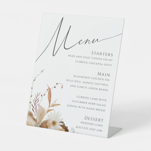 Boho Autumn Wildflower | Huwelijksmenu Reclamebord Met Voetstuk (Voorkant)