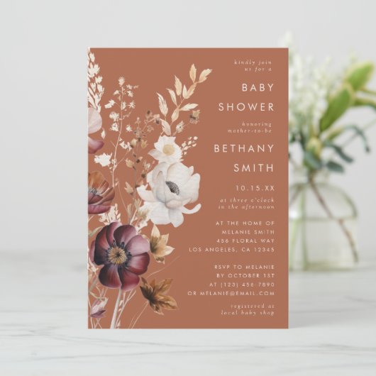 Boho Autumn Wildflower Terracotta Baby shower Kaart (Staand voorkant)
