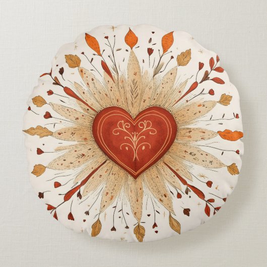 Boho Autumnal Heart Illustratie Rond Kussen (Voorkant)
