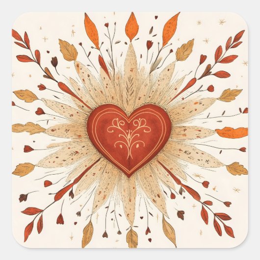 Boho Autumnal Heart Illustratie Vierkante Sticker (Voorkant)
