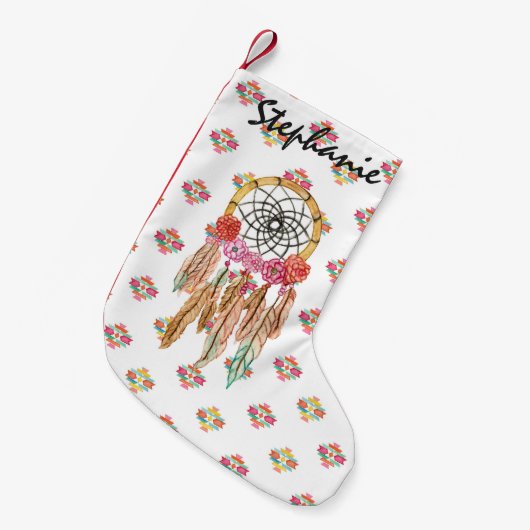 Boho Aztec Waterverf Native American Drocatcher Kleine Kerstsok (Voorkant (Hangend))