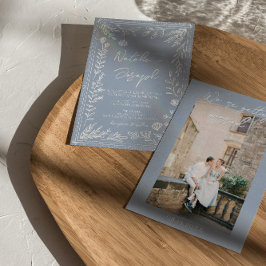 Boho Azure Blue Floral Botanical Photo Fun Wedding Kaart