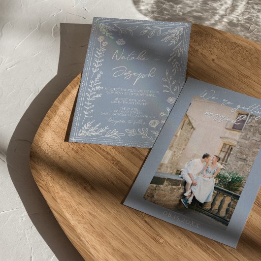 Boho Azure Blue Floral Botanical Photo Fun Wedding Kaart