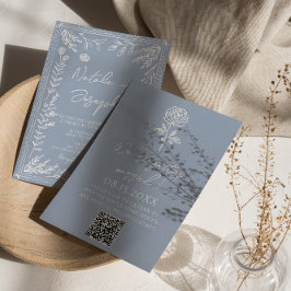Boho Azure Blue Floral Botanical QR Code Wedding Kaart