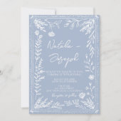 Boho Azure Blue Floral Botanical QR Code Wedding Kaart (Voorkant)