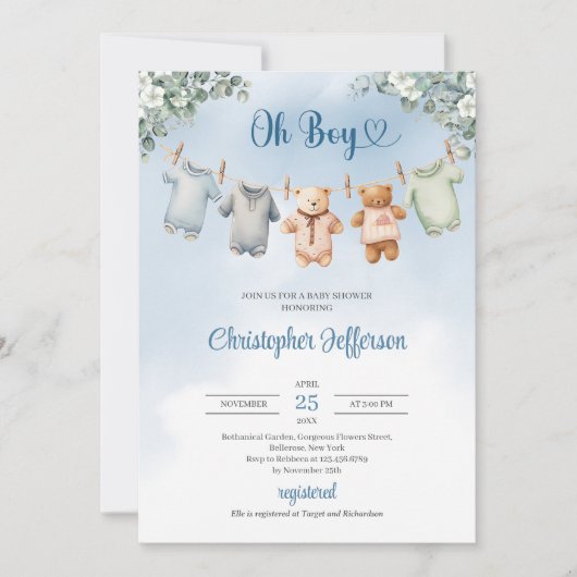 Boho Baby Blauwe kleding Eucalyptus Baby shower Jo Kaart (Voorkant)