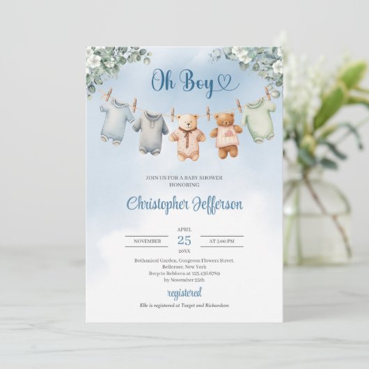 Boho Baby Blauwe kleding Eucalyptus Baby shower Jo Kaart (Staand voorkant)