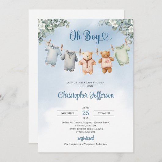 Boho Baby Blauwe kleding Eucalyptus Baby shower Jo Kaart (Voorkant / Achterkant)