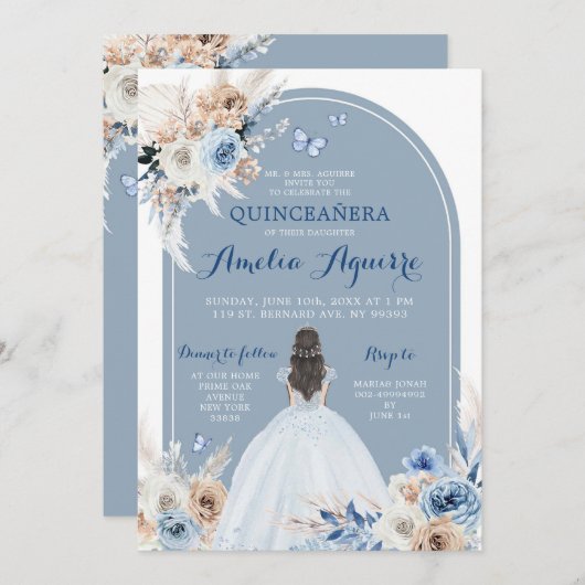 Boho Baby Blue Quinceañera Uitnodiging (Voorkant / Achterkant)