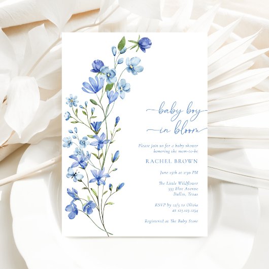 Boho Baby Boy in Bloom Blue Wildflower Baby shower Kaart