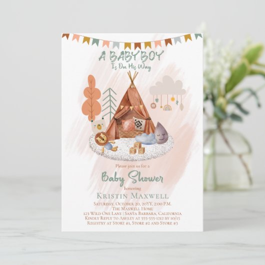 Boho Baby Boy Teepee and Toys Baby shower Kaart (Staand voorkant)