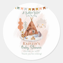 Boho Baby Boy Teepee and Toys Baby shower Ronde Sticker