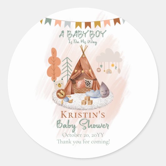 Boho Baby Boy Teepee and Toys Baby shower Ronde Sticker (Voorkant)
