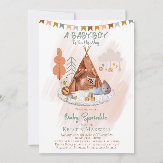 Boho Baby Boy Teepee and Toys Baby Sprinkle Kaart (Voorkant)