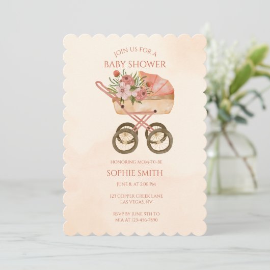 Boho Baby Carriage Waterverf Floral Baby shower Kaart (Staand voorkant)