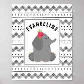 Boho Baby Elephant Floral Black + White Nursery Poster (Voorkant)