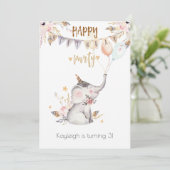 Boho Baby Elephant Little Girl's Birthday Party Kaart (Staand voorkant)