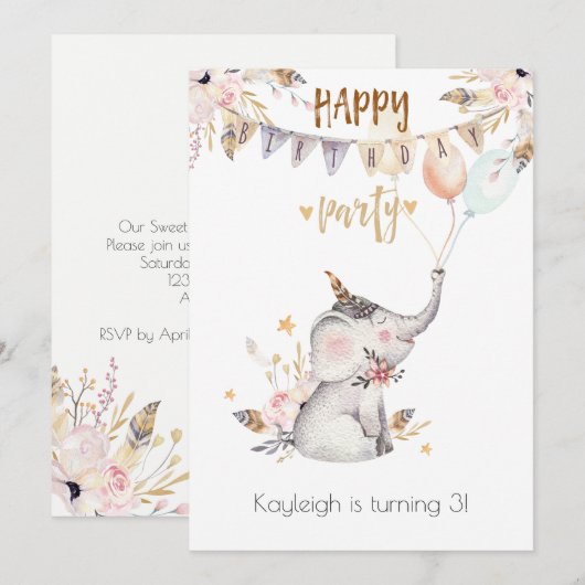 Boho Baby Elephant Little Girl's Birthday Party Kaart (Voorkant / Achterkant)