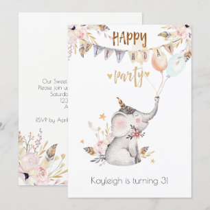 Boho Baby Elephant Little Girl's Birthday Party Kaart