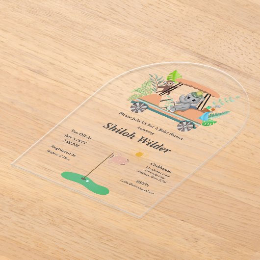 Boho Baby Elephant & Monkey Golf Baby shower Acryl Uitnodigingen (Laagn)